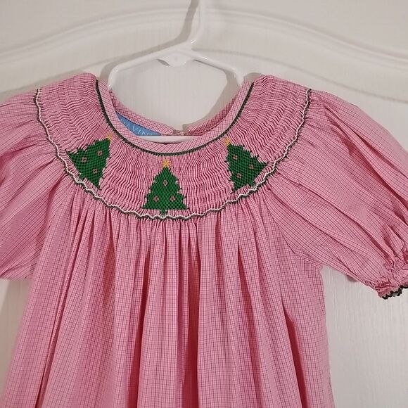 ANAVINA Girls 4T Smock Christmas Dress Pink Short Sleeve Trees Long Modest - Picture 3 of 6